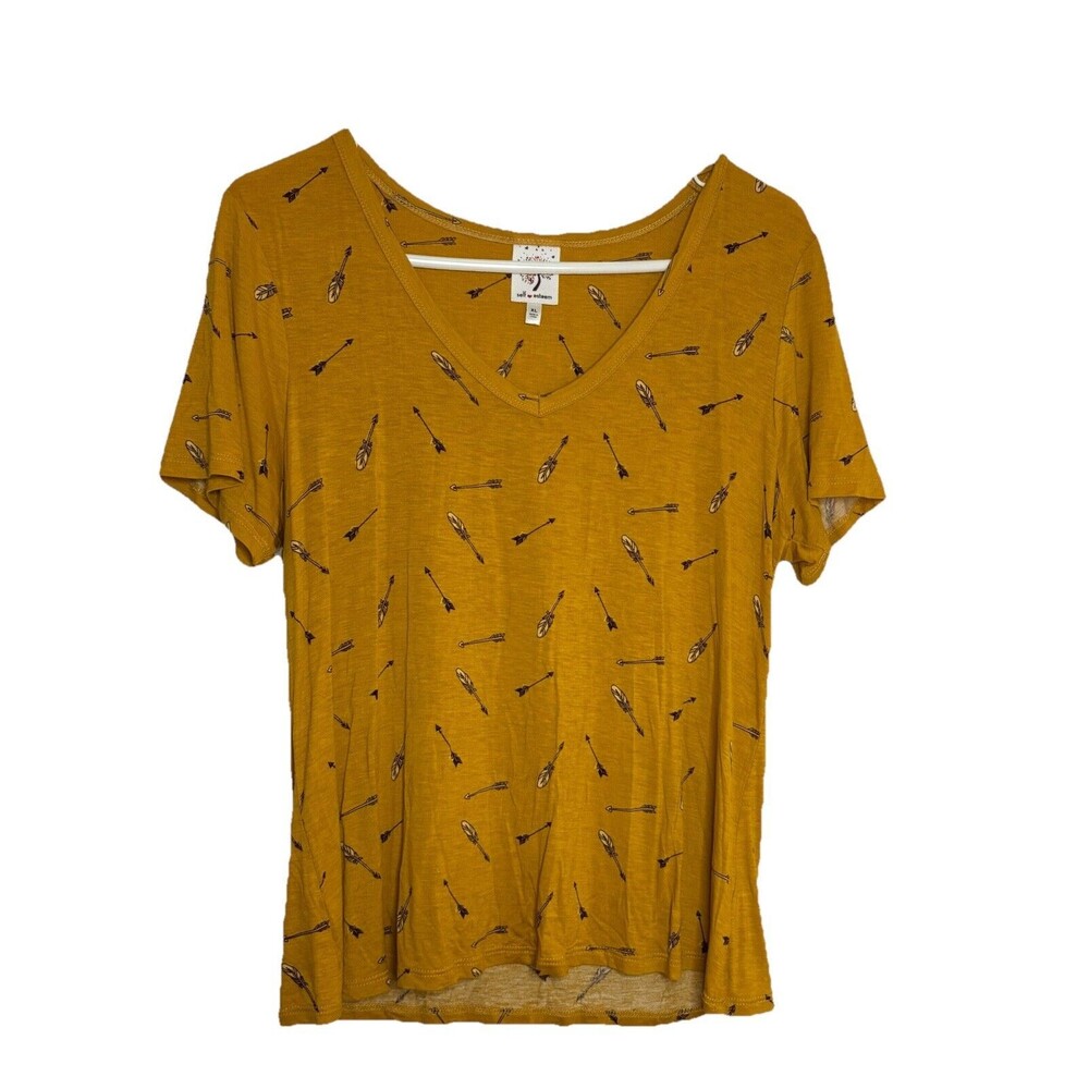 Self Esteem Mustard Arrows Print V Neck Short Sleeve Women's T Shirt Size XL